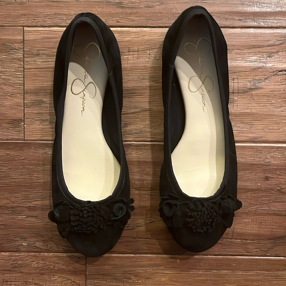 Jessica Simpson Black Suede Ballet Flats with Flowers Size 7.5